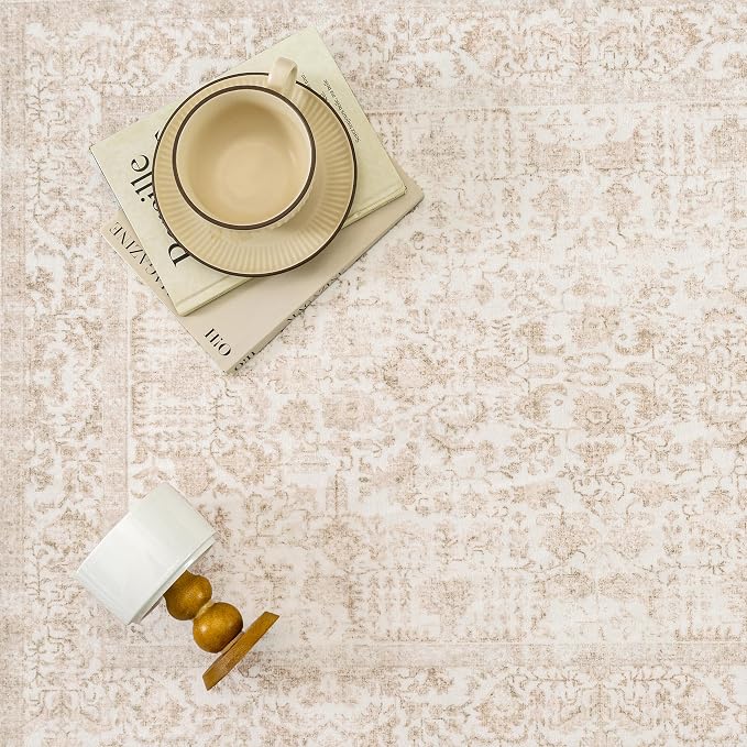 PureCozy Beige Area Rug 5x7 Machine Washable Vintage Living Room Distressed Non Slip Carpet Traditional Indoor Bedroom Retro Floral Accent Throw Large Rug for Office Kitchen Bathroom Dining Room