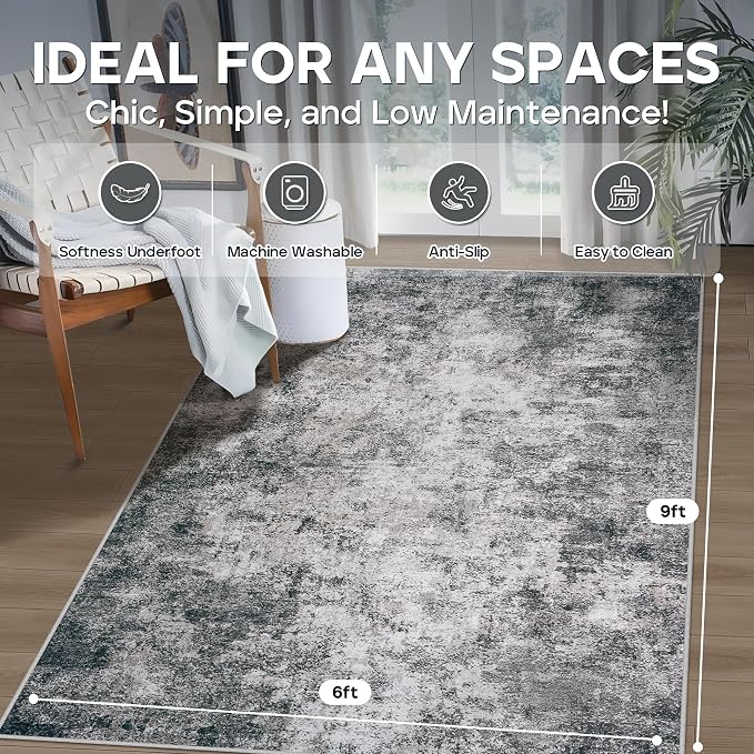 6x9 Area Rugs for Living Room Rug Washable: Modern Rug for Dining Room Bedroom Carpet Non Slip Low Pile 6 by 9 Indoor Abstract Nursery Home Office Black