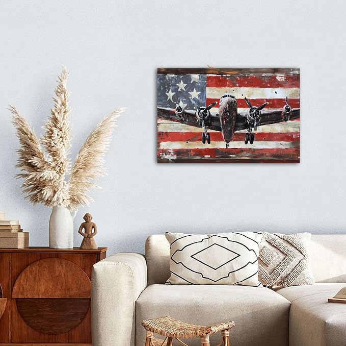 Airplane Wall Art Vintage Aircraft Picture Wall Decor for Bedroom Office Rustic USA Flag Prints Artwork Living Room Canvas Aircraft Propeller Pictures Posters Artwork Kitchen Home Decorations 16x24"