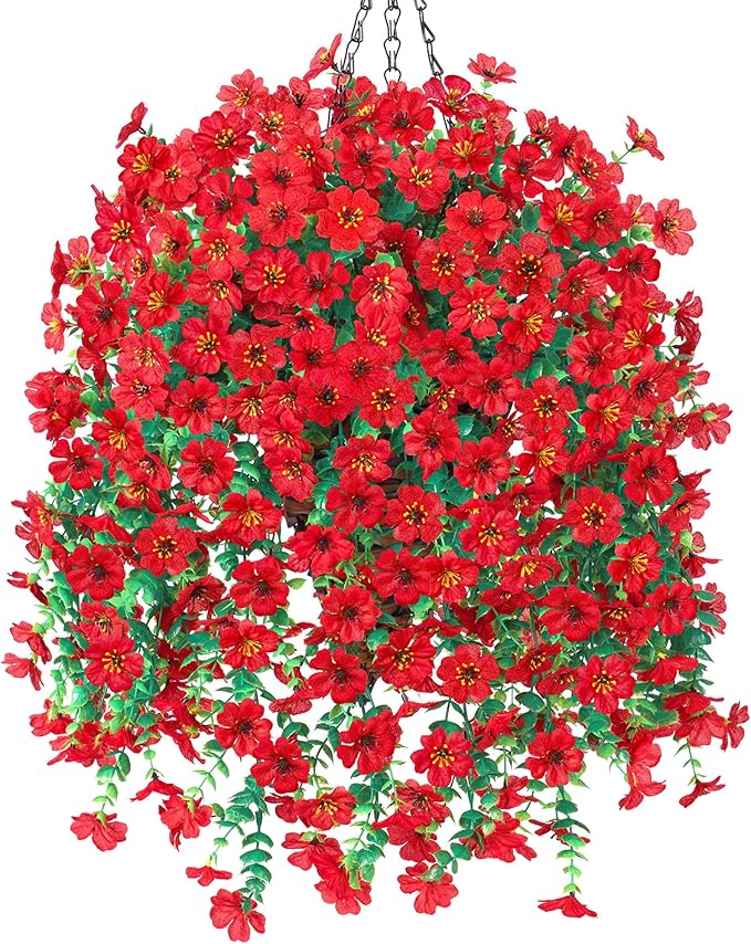 HyeFlora Artificial Hanging Flowers Basket for Outdoor, Fake Flowers Faux Plants Look Real for Yard Gardens Porch Patio Home (Red)