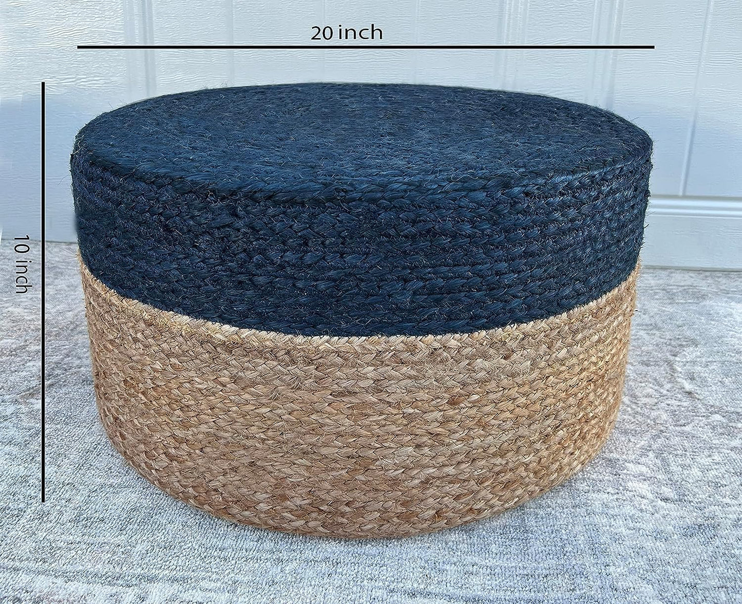 Jute Pouf Ottoman | Footrest Pouf | Hand Braided - Round Boho Pouffe - for Living Room, Bedroom, Nursery (20"x20"x10") Navy