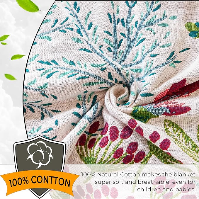100% Cotton Boho Throw Blanket 90"x98" Oversized Reversible Botanical Summer Quilt for Queen Bed Sofa Couch 4-Layer Breathable Gauze Floral Muslin Blanket for Home Decor Gift White/Teal