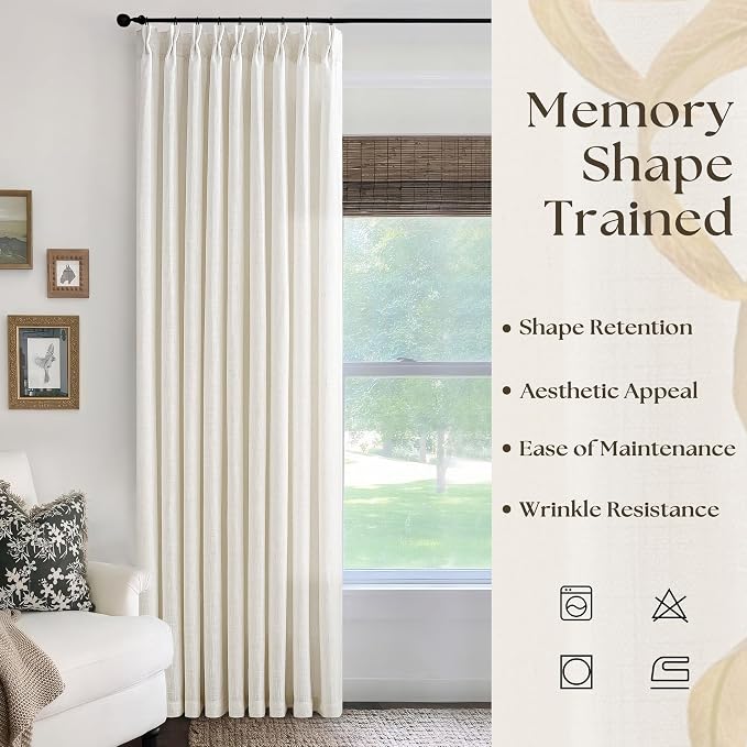 Natural Cream Pleated Linen Curtains 120 Inches Long 60 Inch Width Extra Wide for Living Room Bedroom Semi Sheer 120 Inch Length Back Tab Hooks Rings Pinch Pleat Curtains for Patio Glass Door 1 Panel