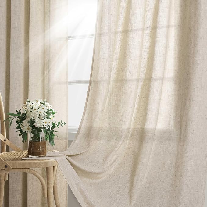 Beige Tan Linen Curtains 84 Inch Length 2 Panel for Bedroom Grommet Burlap Flax Linen Drape Semi Sheer Light Filtering Privacy Neutral Rustic Farmhouse Window Curtain 84 Inches Long for Living Room