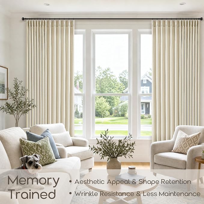 Cream Beige Pleated Linen Curtains 70 Inch Width 90 Inch Length 2 Panels Farmhouse Light Filtering Linen Blend Pinch Pleat Curtains for Living Room Extra Wide Memory Trained Semi Sheer Door Drapes