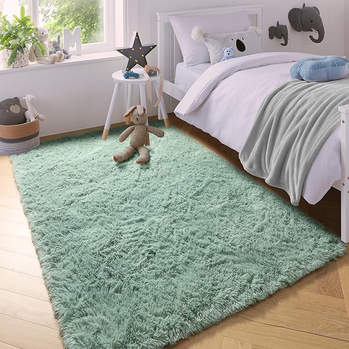 PAGISOFE Sage Green Rugs for Bedroom, 3x5 Ft Shaggy Rug Plush Fuzzy Carpet for Living Room, Fluffy Green Rugs Home Decor Aesthetic,Non-Slip Rug for Nursery Room Decor Girls Boys