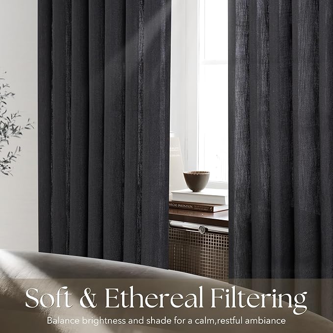 Black Pinch Pleated Linen Curtains 84 inches Long for Living Room 2 Panel Set Light Fitering Semi Sheer Black Window Curtain Pinch Pleate with Hooks Rustic Farmhouse Bedroom Drapes Length 84"