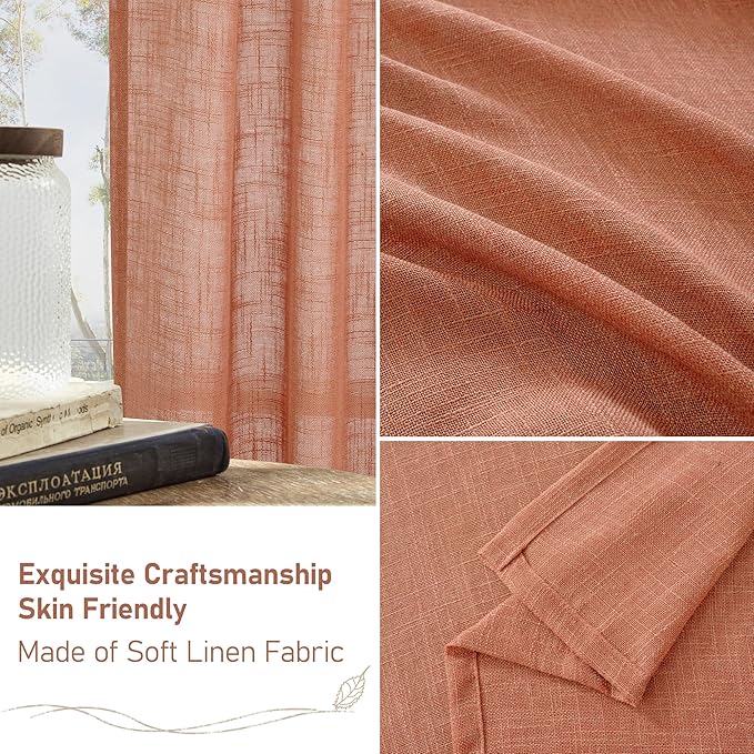 LAMIT Terracotta Linen Curtains 90 Inch for Living Room, Fall Western Decor Panels, Back Tab and Rod Pocket Boho Burnt Orange Rustic Drapes for Bedroom, Set of 2, 52 x 90 Inch