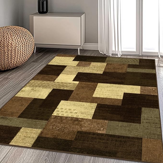 Modern Geometric Patchwork Indoor Area Rug for Living Room, Warm Taupe 8x10 Large Rug Rockwood Collection Hardwood Floors Decor for Bedroom, Taupe Throw Carpet for Office Entryway Dining Room