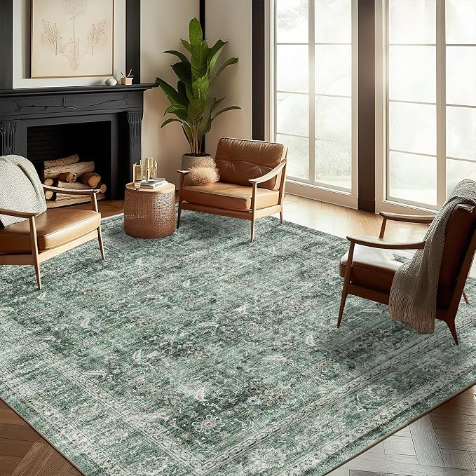 CHAMPLANT Washable Area Rug 9'x12' Retro Boho Design Non-Shedding Easy Care Ideal for High Traffic Areas in Living Room Bedroom Office Coffee Table Kitchen Large Carpet