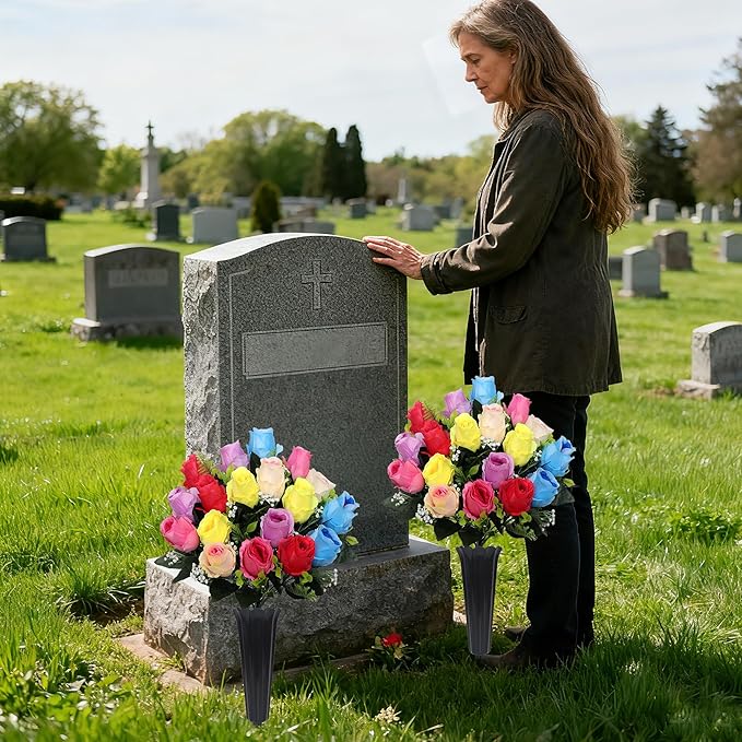 Lodou Set of 2 Artificial Cemetery Flowers, Memorial Flowers Bouquet,Grave Memorial Flowers with Vase for Cemetery Headstones Decoration (Color)