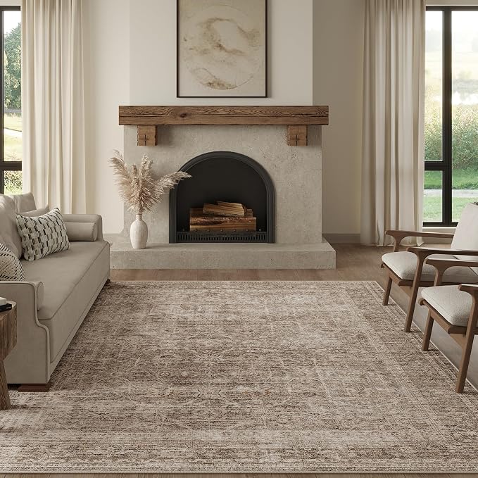 FMFUNCTEX 10x12 Washable Area Rug Taupe Vintage Neutral Distressed Large Non Slip Carpet for Living Room Bedroom Soft Low Pile Indoor Mat Retro Floral Throw Rug for Dining Room Kitchen Office Nursery