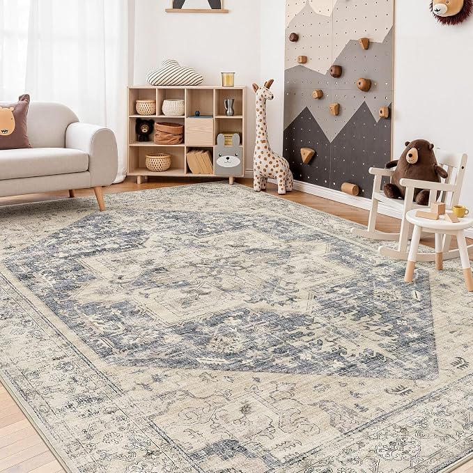 7x9 Area Rugs for Living Room - Large Carpet Ultra Thin Soft Washable Oriental Vintage Floral Distressed Big Indoor Carpets for Bedroom Nursery Dorm Home Decor Aesthetic - Blue Beige