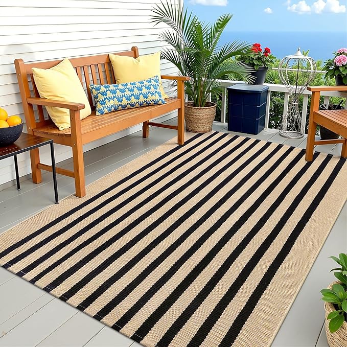 OLANLY Brown and Black Striped Rug 3' x 5' – Washable Cotton Doormat for Indoor Outdoor Use, Layered Front Porch Rug for Entryway, Kitchen, Patio