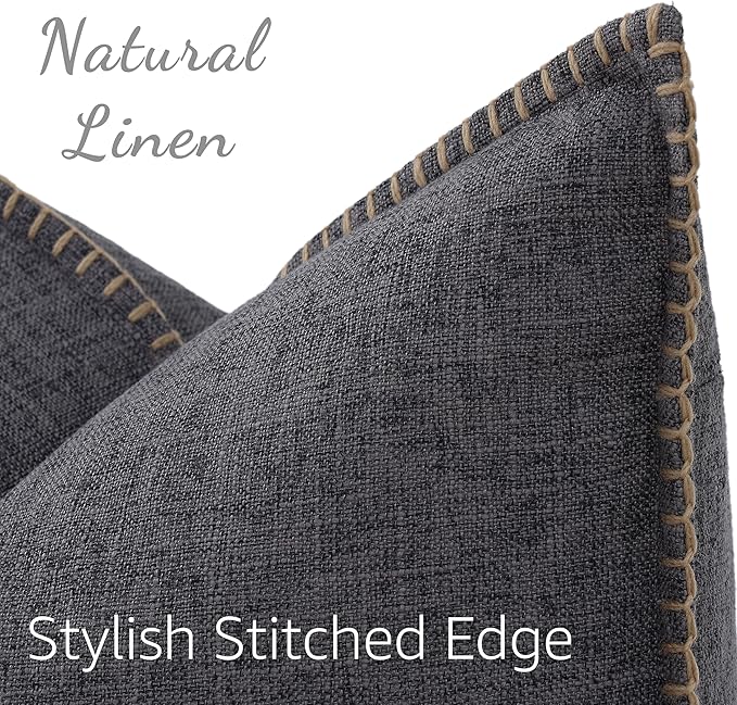 decorUhome Summer Decorative Throw Pillow Covers 12x20 Set of 2 Lumbar Faux Linen Farmhouse Pillow Covers with Stitched Edge Outdoor Neutral Pillow Covers for Couch Sofa Living Room, Dark Grey