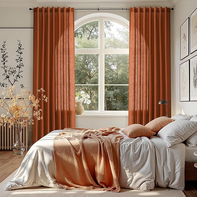 Nanspring Rust Linen Curtains 96 Inches Long for Living Room Light Filtering Semi Sheer Curtain Back Tab Rod Pocket Vintage Rustic Luxury Home Decor Drapes for Bedroom Office 52x96, 2 Panels