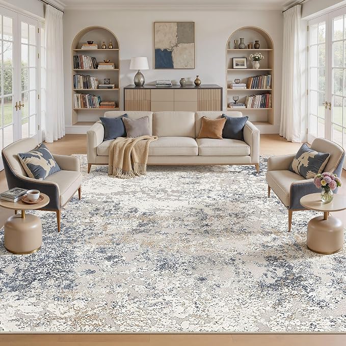 DMOYEST Square Area Rug Living Room Rugs - 10x10 Washable Large Soft Indoor Neutral Modern Abstract Low Pile Rug Carpet for Bedroom Dining Room Farmhouse Home Office - Beige Blue