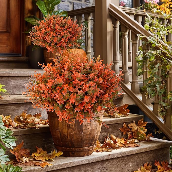 AXYLEX Artificial Fall Flowers Outdoor Fake Mums - 16 Bundles Fake Plants UV Resistant No Fade Faux Plastic Greenery Garden Porch Patio Fall Home Decor (Green Orange)