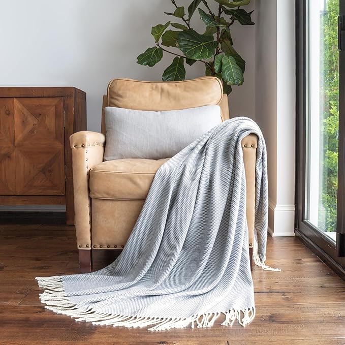 Linen Market Beddings Elevate Your Comfort with Herringbone Throw Blanket - Luxurious Woven Ultra Soft Acrylic - Sized 50" W x 60" L - Fringed Edges - Lightweight Layer for Bed or Sofa (Dusk Blue)