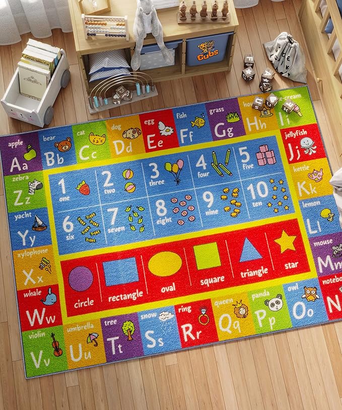KC Cubs 5x7 ABC Alphabet, Numbers & Shapes Rug – Educational Non-Slip Play Mat Carpet for Kids, Toddlers, Nursery, Classroom, Playroom, Baby Daycare