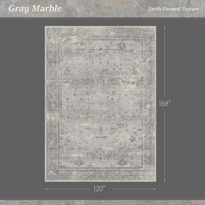 10x14 Washable Area Rug for Living Room - Massive Gray Abstract Modern Rug, Non-Slip Low Pile Grey Vintage Distressed Carpet for Great Rooms & Large Sectionals