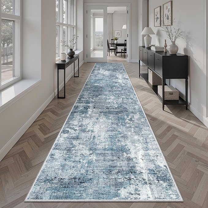 Soalmost Runner Rug 2'x10' Abstract Washable Non-Slip Runner Rugs for Kitchen Bathroom Laundry Room Blue Vintage Floor Carpet Runners for Hallway Entryway