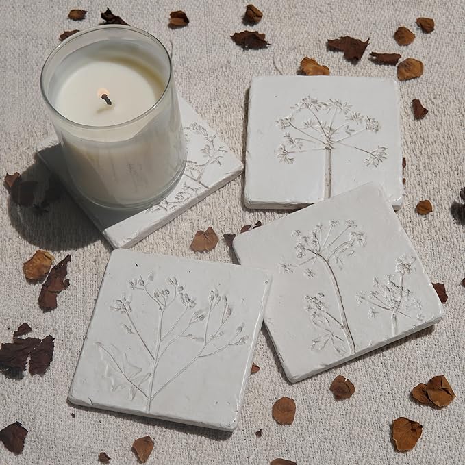 Ceramic Coasters Set of 4 – White Vintage Engraved Flower Design, Non-Slip Cork Base Coasters for Coffee Table, Bar & Home Decor