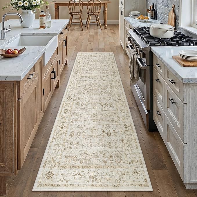 2x8 Beige Washable Neutral Runner Rug for Living Room Long Floral Non Slip Runner Area Rug Modern Low Pile Stain Resistance Indoor Carpet Doormat Hallway Kitchen Stair Bedroom Bathroom