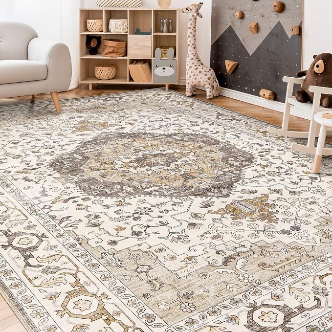 12x15 Area Rugs for Living Room - Large Carpet Ultra Thin Soft Washable Oriental Vintage Floral Distressed Big Indoor Carpets for Bedroom Nursery Dorm Home Decor Aesthetic - Camel/Beige