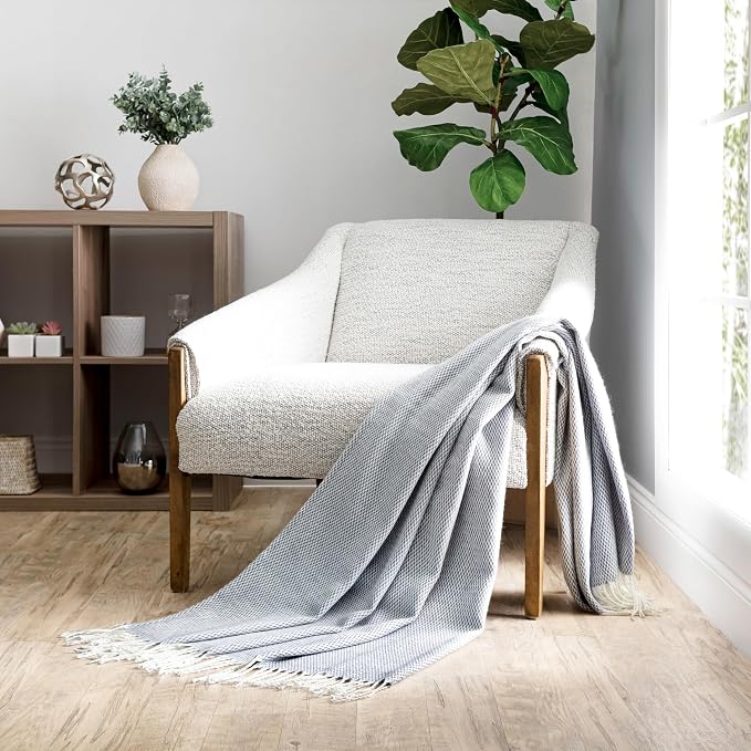 Linen Market Beddings Elevate Your Comfort with Herringbone Throw Blanket - Luxurious Woven Ultra Soft Acrylic - Sized 50" W x 60" L - Fringed Edges - Lightweight Layer for Bed or Sofa (Dusk Blue)