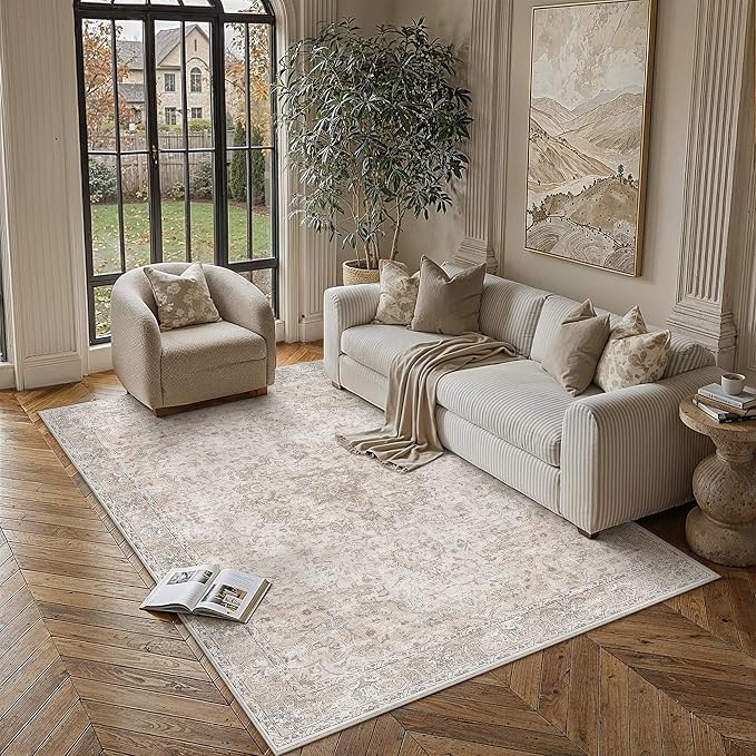 HUGEAR Area Rugs 5x7 Washable Rug for Living Room Bedroom Beige Vintage Rug Carpet Low Pile Non Slip No Shedding Soft Durable Indoor Dining Room Home Decor Floor Mat