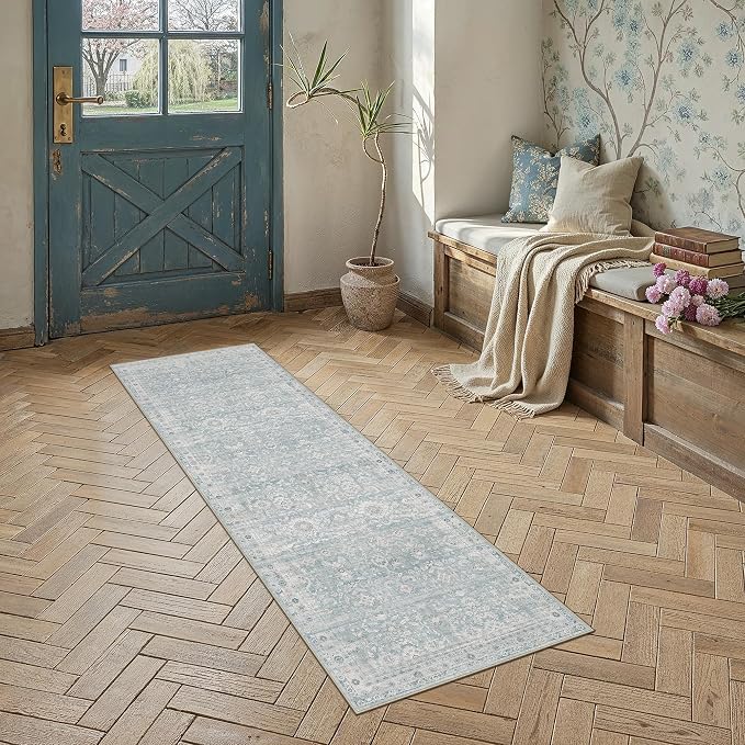 2x6 Blue Washable Neutral Runner Rug for Living Room Distressed Floral Non Slip Low Pile Runner Indoor Vintage Stain Resistant Distressed Carpet Bedroom Hallway Kitchen Bathroom Entryway