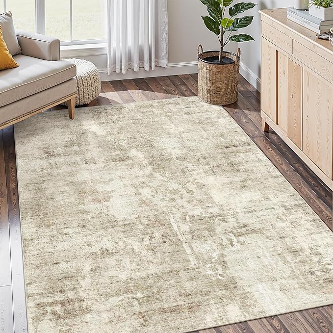 Soalmost 6x9 Abstract Area Rugs for Living Room 6 x 9 Washable Non Slip Low Pile Gray Rugs for Bedroom Dining Room Foldable Thin Beige Gray