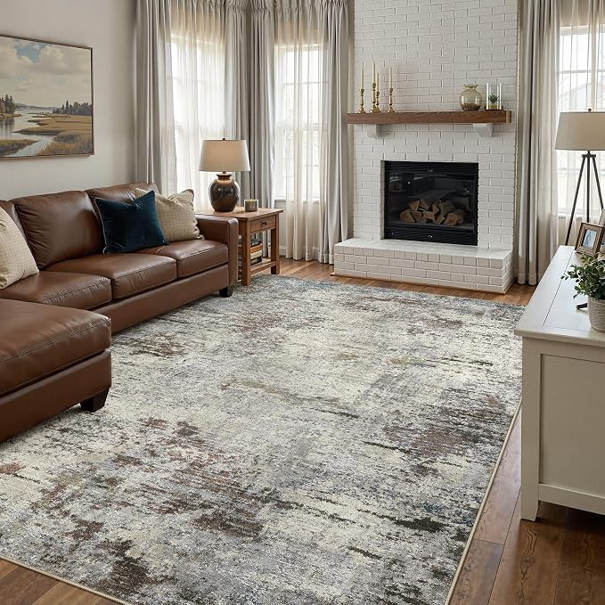 DMOYEST Area Rug Living Room Rugs - 10x14 Washable Large Soft Indoor Neutral Modern Abstract Low Pile Rug Carpet for Bedroom Dining Room Farmhouse Home Office - Brown Rust