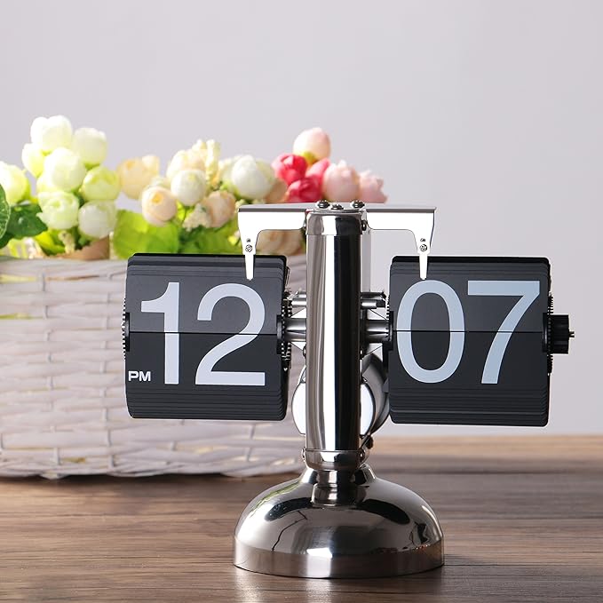 WoneNice Retro Digital Flip Down Clock -Battery Powered Internal Gear Operated Clock for Office Bedroom Kitchen School Hotel Café Décor- Black