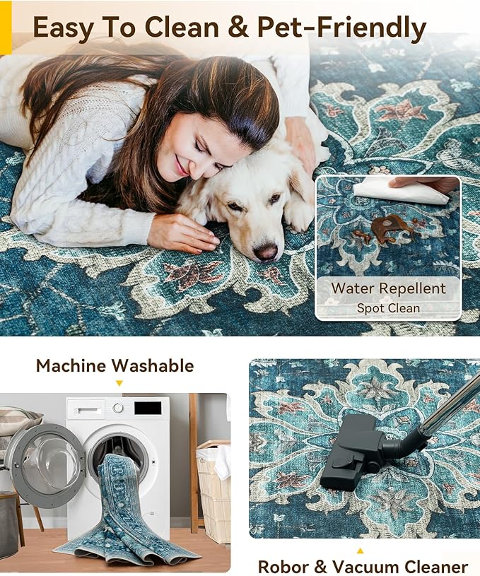 RELEANY Area Rugs 2'6''x12' Runner Rug Non Slip Washable for Kitchen Hallway Bedroom Beside Laundry Room Bathroom Rug, Floor Carpet, Teal Green Lake Blue Turquoise
