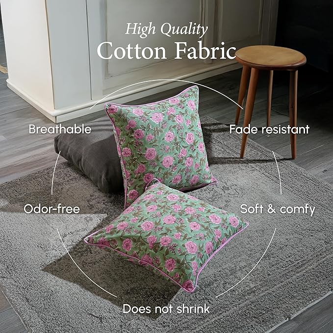 CPC 100% Cotton Throw Pillow Covers 18x18 Inch, Set of 2 Pink Block Print Pattern Couch Pillow, Cute Boho Decorative Pillows for Living Room, Bedroom with Hidden Zipper- Pink Tourmaline