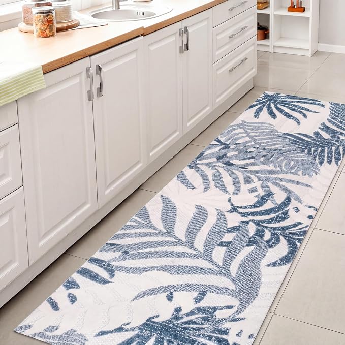 JONATHAN Y Tropics Palm Leaves Indoor Outdoor Runner 2X8 Cream/Dark Blue | Ships Rolled, Durable Flat Weave, Lays Flat for Backyard, Patio, Porch, Easy-Cleaning, High Traffic,Pet-Friendly,Non-Shedding