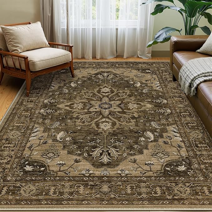 RELEANY Area Rugs 5'x7' Washable Non-Slip, Floral Vintage Distress Print Pattern Medallion Carpet for Living Room Bedroom Dining Room, Brown Dark Brown