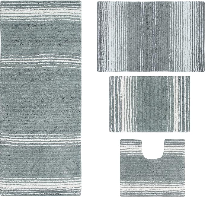 Home Weavers 100% Cotton Gradiation Collection Bathroom Décor | Washable Rug | Bathroom Mat | Kitchen Mat | Bathroom Rug Set | Bath Mat Set | Bath Floor Mat Non Slip, 4 Piece Set with Runner, Gray