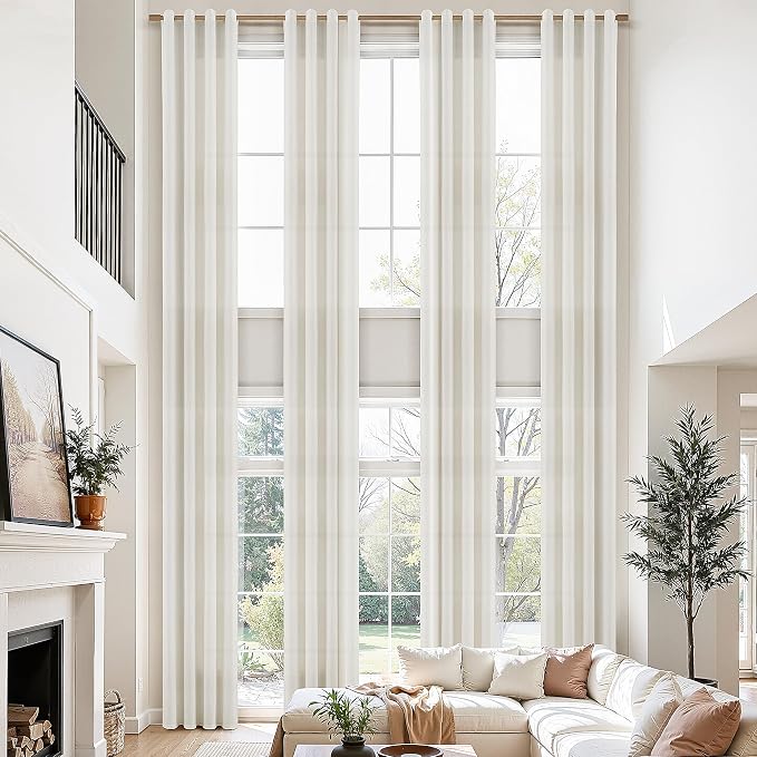 Nanspring Natural Cream Linen Curtains 144 Inch Length for Living Room Extra Long 2 Panels Set Grommet Modern Farmhouse Curtain Coastal Decor Cotton Textured Semi Sheer Drapes for High Window 52x144
