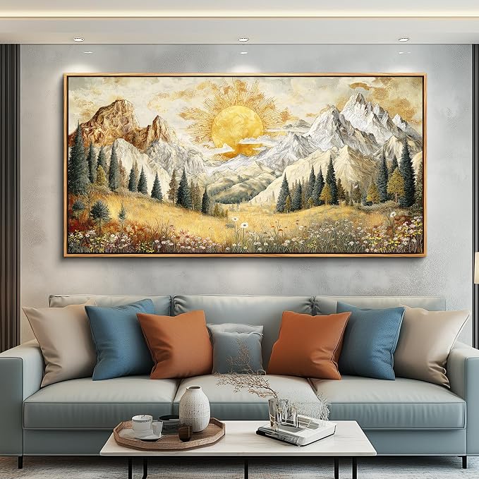 XIGUANGART Mountain Wall Art,Framed Large Canavs Wall Art,Wildflower Forest Art,Modern Farmhouse Decor,Living Room Pictures Paintings,Sunrise Abstract Art,Landscape Bedroom Office Decorations 30x60