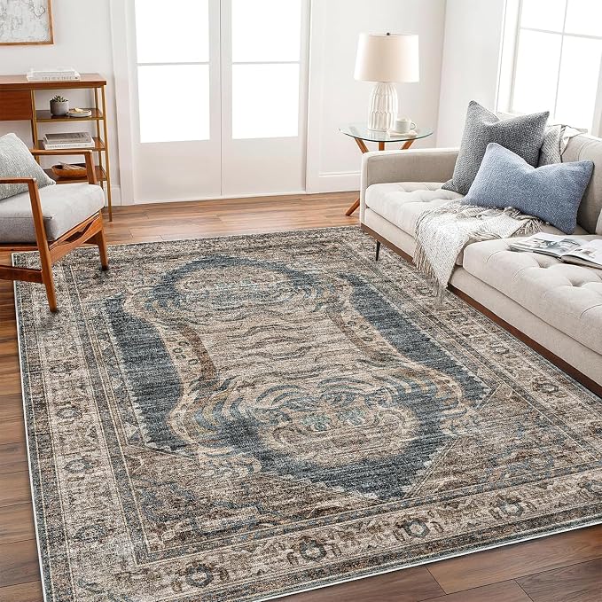 CHAMPLANT Area Rug 6'x9' Washable Vintage Traditional Floor Cover Thin Retro Kitchen Indoor Distressed Non Slip Carpet for Living Room Bedroom Dining Room