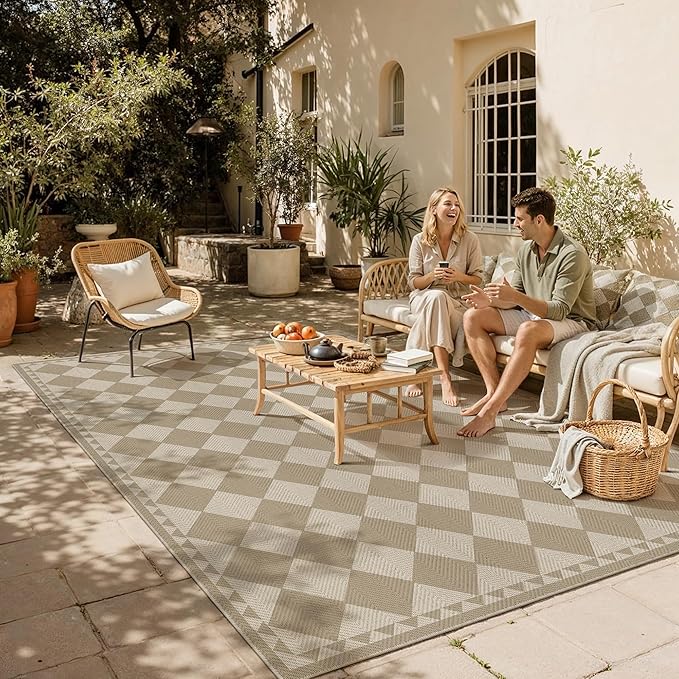 HUGEAR 8x10 Outdoor Rug Brown/Beige Linen-Look Fabric Checkered Area Rug High Traffic Stain Resistant Easy Clean Durable Rugs for Indoor/Outdoor Patio Deck Balcony Porch Garden Courtyard
