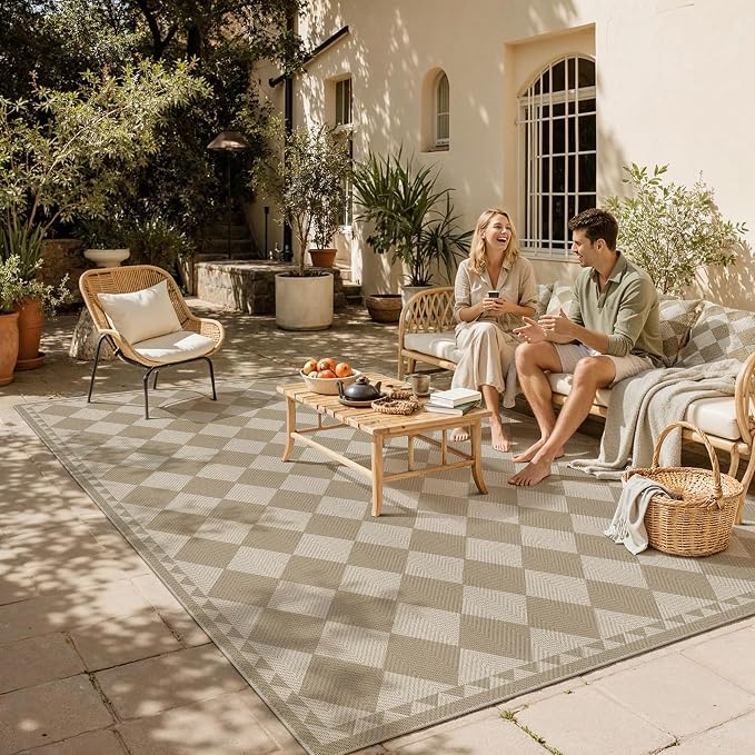 HUGEAR 9x12 Outdoor Rug Brown/Beige Linen-Look Fabric Checkered Area Rug High Traffic Stain Resistant Easy Clean Durable Rugs for Indoor/Outdoor Patio Deck Balcony Porch Garden Courtyard