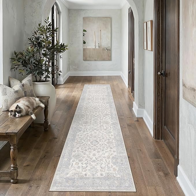 2x10 Blue Washable Runner Rug for Living Room Bedroom Neutral Soft Floral Non Slip Runner Rug Lightweight Vintage Low Pile Distressed Runner Kitchen Hallway Porch Beside Bed Bathroom