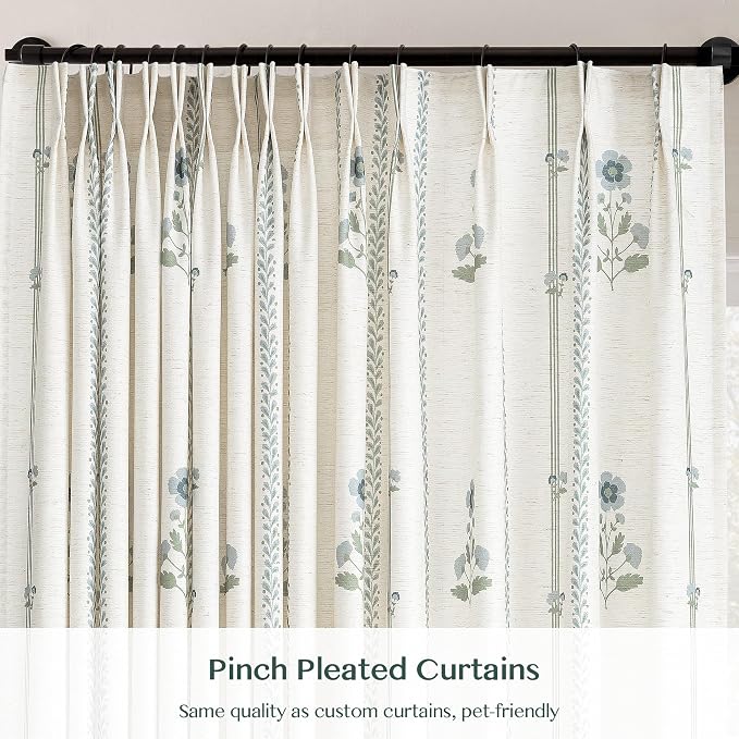 Pinch Pleated Curtains for Living Room Bedroom Dining Room - 72 Inches Light Filtering Floral Curtains Luxury Linen Drapes Farmhouse Window Curtains with Hooks - 2 Panels Set, 40" W x 72" L