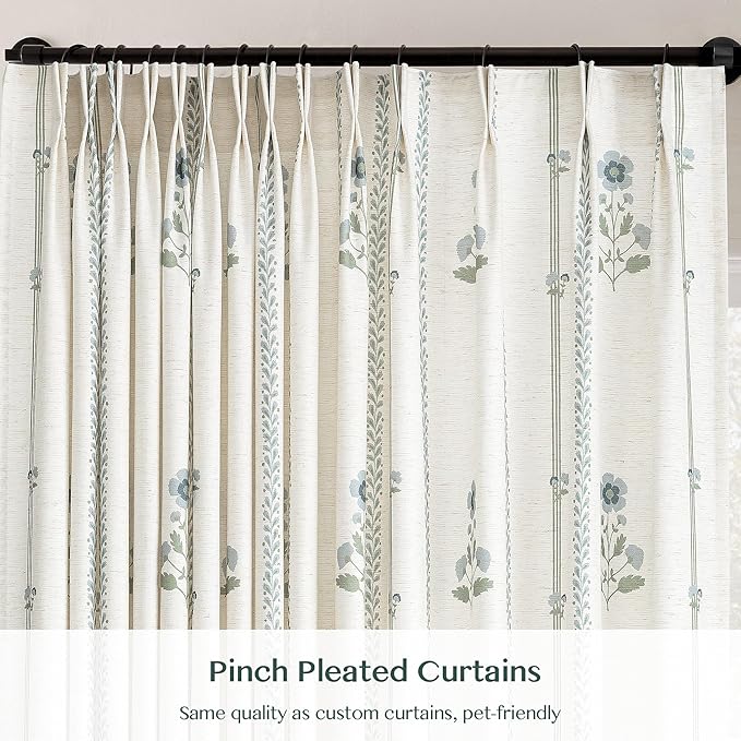 Pinch Pleated Curtains for Living Room Bedroom Dining Room - 90 Inches Light Filtering Floral Curtains Luxury Linen Drapes Farmhouse Window Curtains with Hooks - 2 Panels Set, 40" W x 90" L