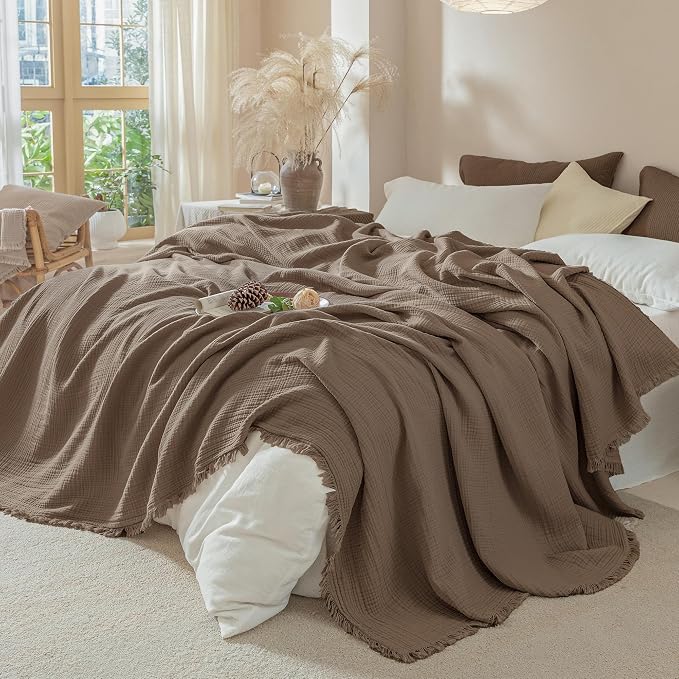 Muslin Fringe Blankets for Adults: 100% Cotton Cloud Soft | 4-Layer Gauze Breathable Lightweight All Season Throw Blanket for Bed Couch Sofa Office