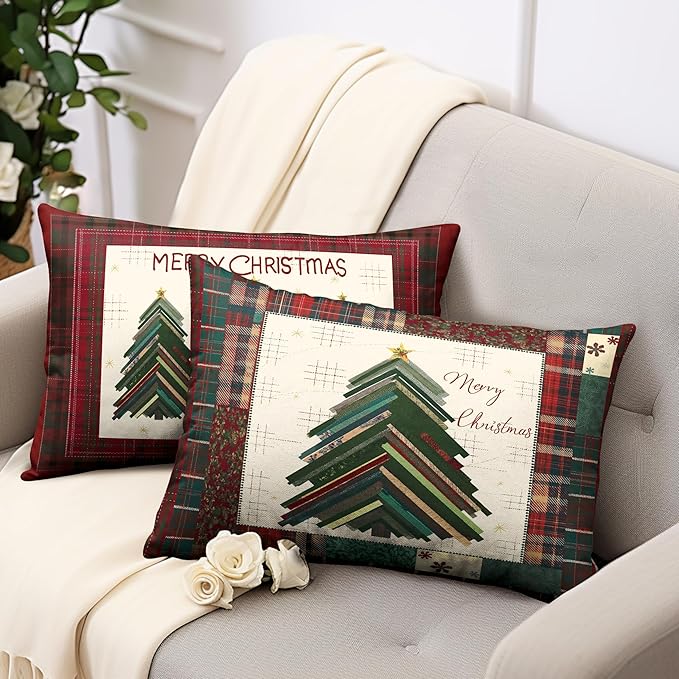 Merry Christmas Lumbar Pillow Covers 12x20 Set of 2 Red Classic Checkered Green Xmas Tree Throw Pillow Covers Holiday Pillowcase Rectangular Cushion Case for Couch Sofa